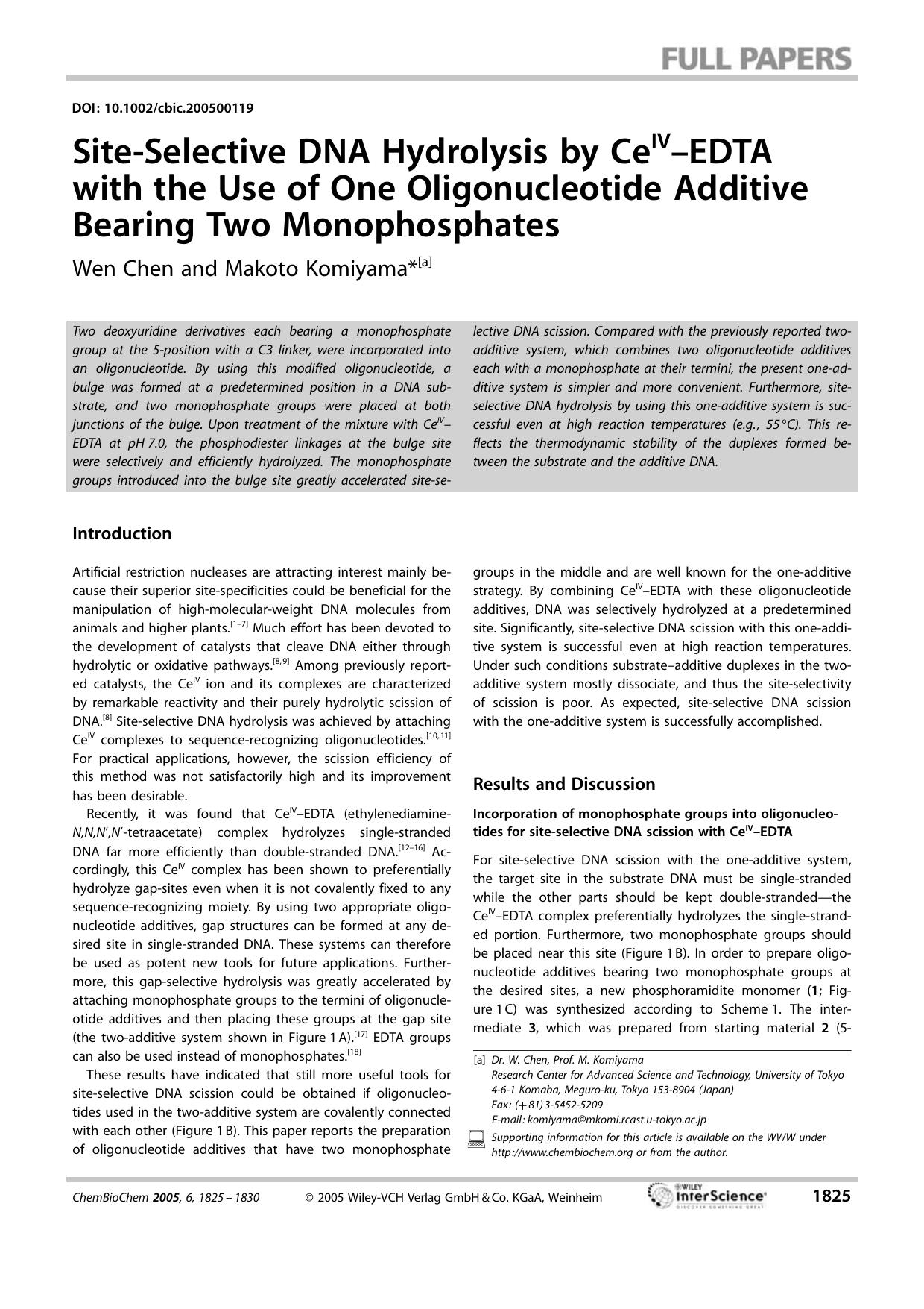 Site-Selective DNA Hydrolysis by CeIV-EDTA with the Use of One Oligonucleotide Additive Bearing Two Monophosphates by Unknown