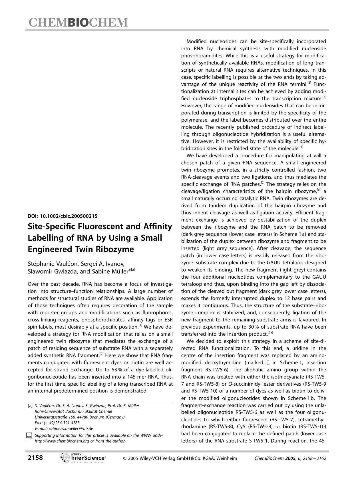 Site-Specific Fluorescent and Affinity Labelling of RNA by Using a Small Engineered Twin Ribozyme by Unknown