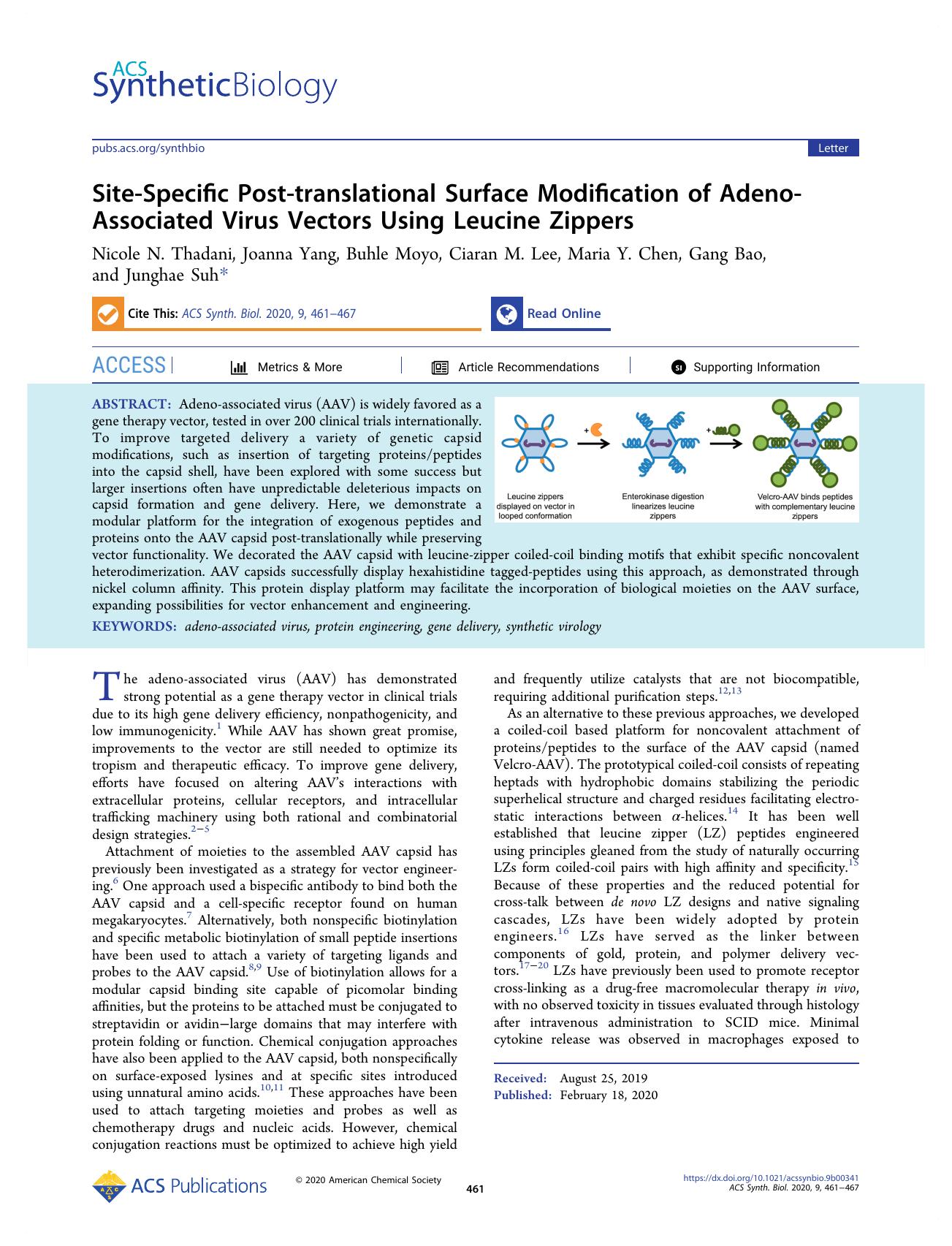 Site-Specific Post-translational Surface Modification of Adeno-Associated Virus Vectors Using Leucine Zippers by Nicole N. Thadani Joanna Yang Buhle Moyo Ciaran M. Lee Maria Y. Chen Gang Bao and Junghae Suh