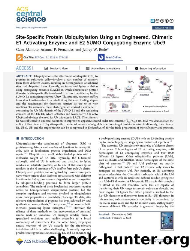 Site-Specific Protein Ubiquitylation Using an Engineered, Chimeric E1 Activating Enzyme and E2 SUMO Conjugating Enzyme Ubc9 by unknow