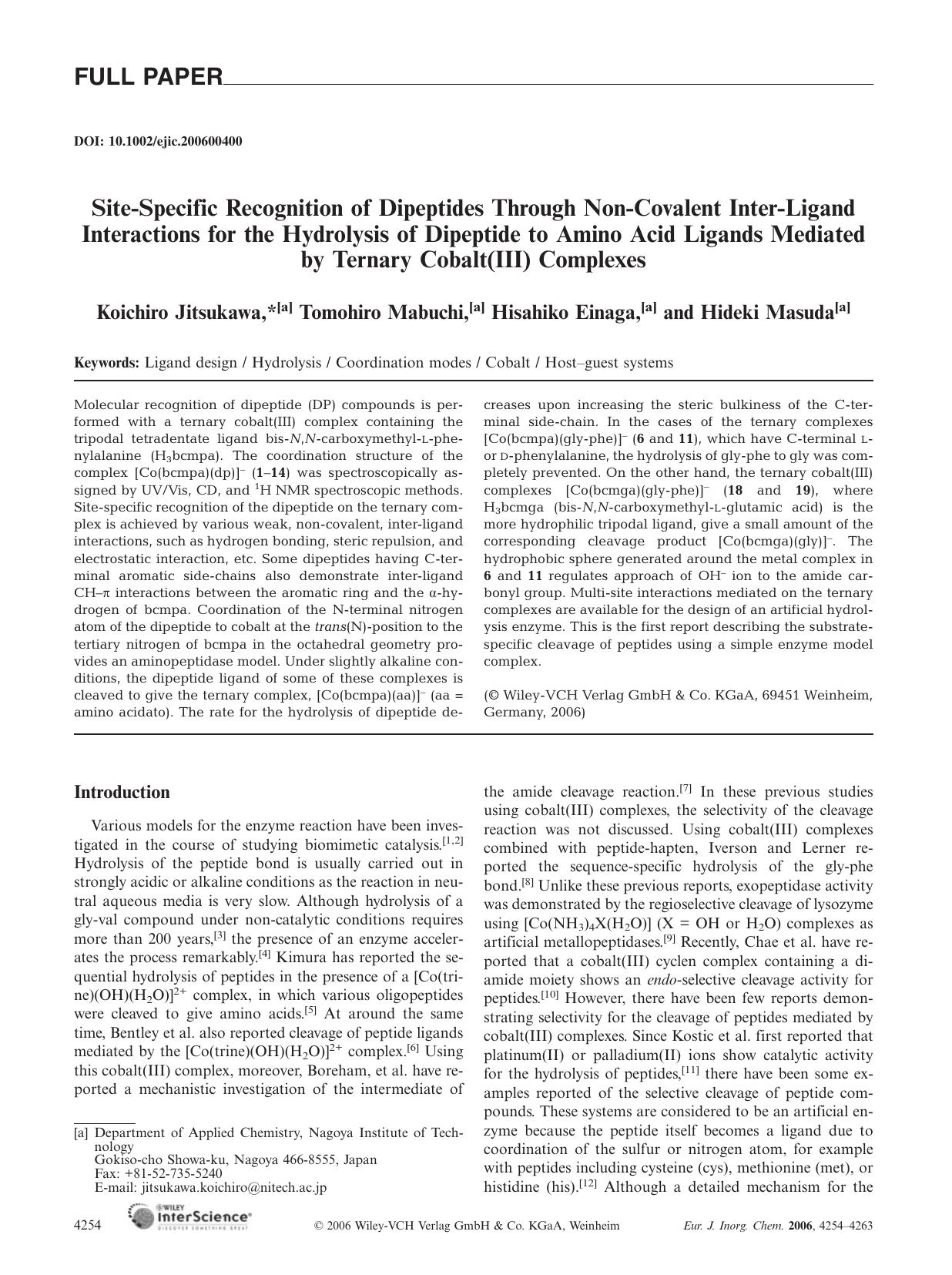 Site-Specific Recognition of Dipeptides Through Non-Covalent Inter-Ligand Interactions for the Hydrolysis of Dipeptide to Amino Acid Ligands Mediated by Ternary Cobalt(III) Complexes by Unknown