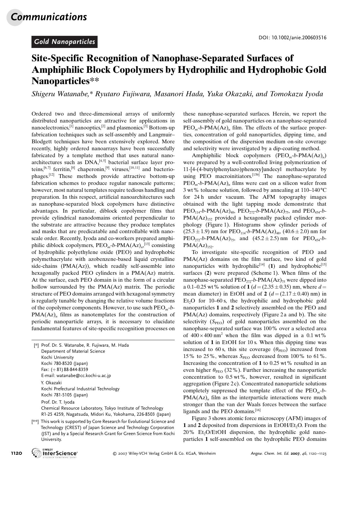 Site-Specific Recognition of Nanophase-Separated Surfaces of Amphiphilic Block Copolymers by Hydrophilic and Hydrophobic Gold Nanoparticles by Unknown
