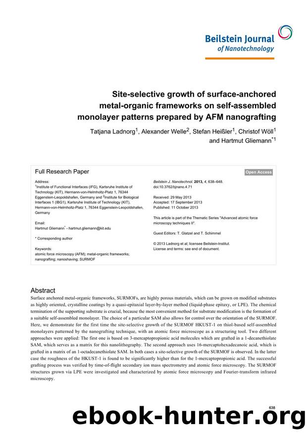 Site-selective growth of surface-anchored metal-organic frameworks on self-assembled monolayer patterns prepared by AFM nanografting by Tatjana Ladnorg Alexander Welle Stefan Heißler Christof Wöll Hartmut Gliemann