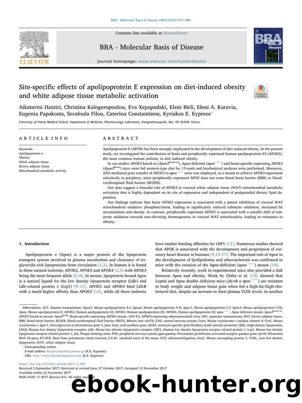 Site-specific effects of apolipoprotein E expression on diet-induced obesity and white adipose tissue metabolic activation by unknow