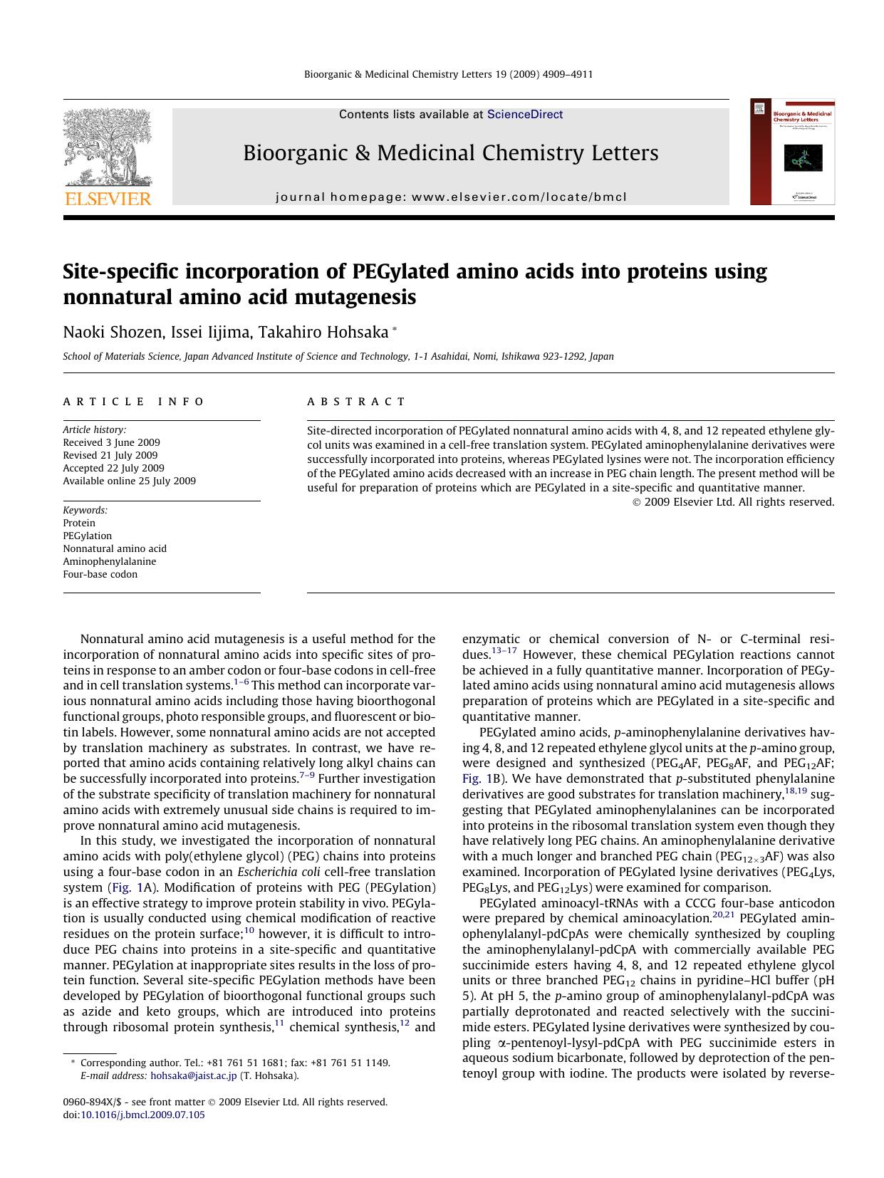 Site-specific incorporation of PEGylated amino acids into proteins using nonnatural amino acid mutagenesis by Naoki Shozen; Issei Iijima; Takahiro Hohsaka