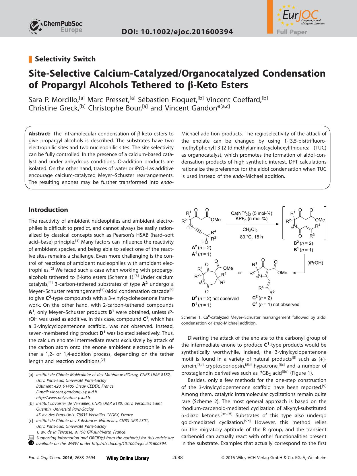 SiteSelective CalciumCatalyzedOrganocatalyzed Condensation of Propargyl Alcohols Tethered to Keto Esters by Unknown