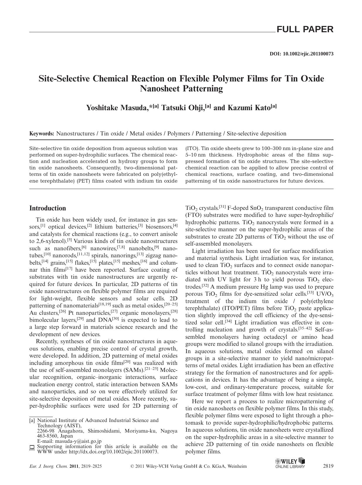 SiteSelective Chemical Reaction on Flexible Polymer Films for Tin Oxide Nanosheet Patterning by Unknown
