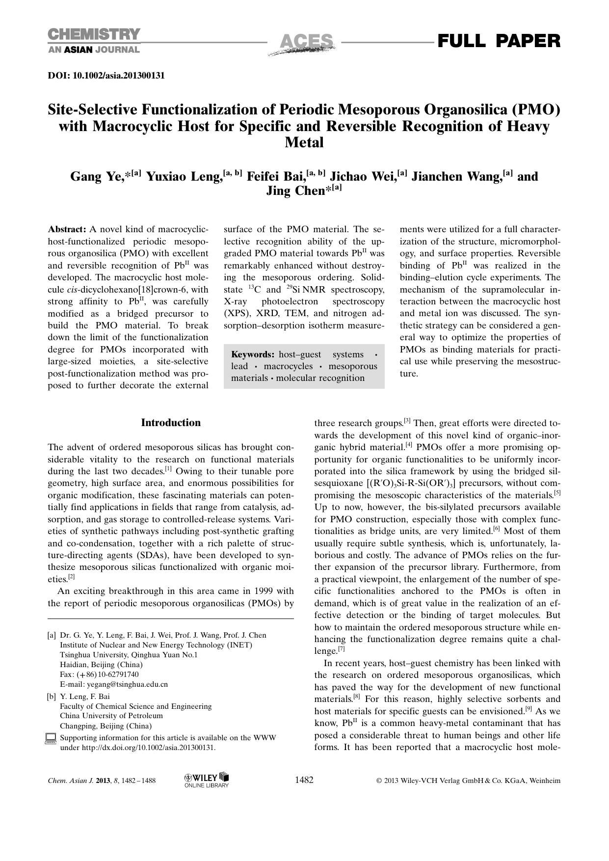SiteSelective Functionalization of Periodic Mesoporous Organosilica (PMO) with Macrocyclic Host for Specific and Reversible Recognition of Heavy Metal by Unknown