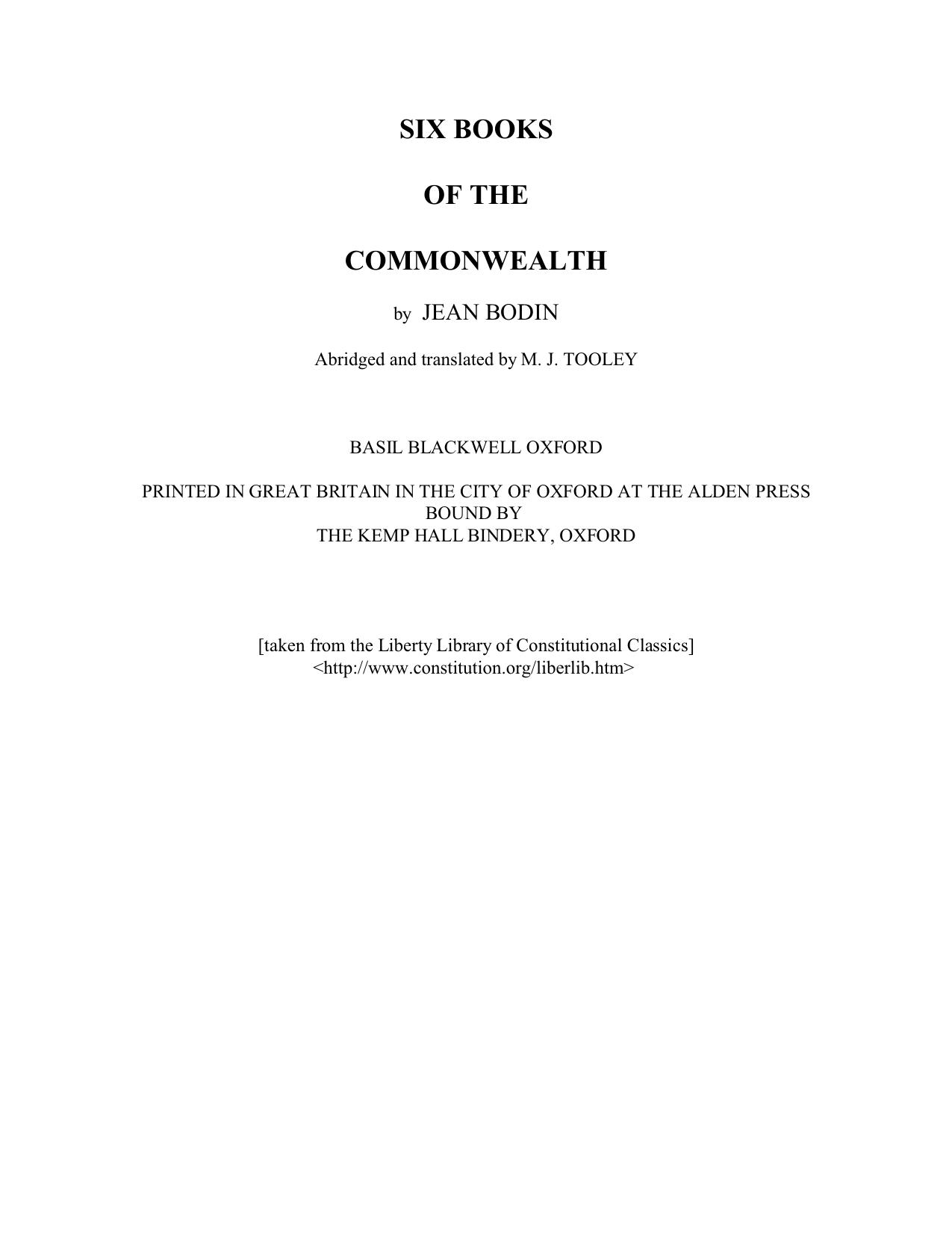 Six Books of the Commonwealth by g c