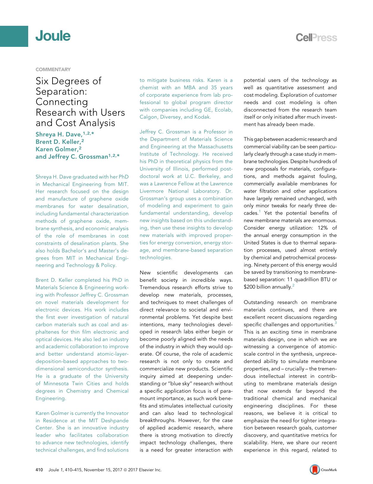 Six Degrees of Separation: Connecting Research with Users and Cost Analysis by Shreya H. Dave & Brent D. Keller & Karen Golmer & Jeffrey C. Grossman