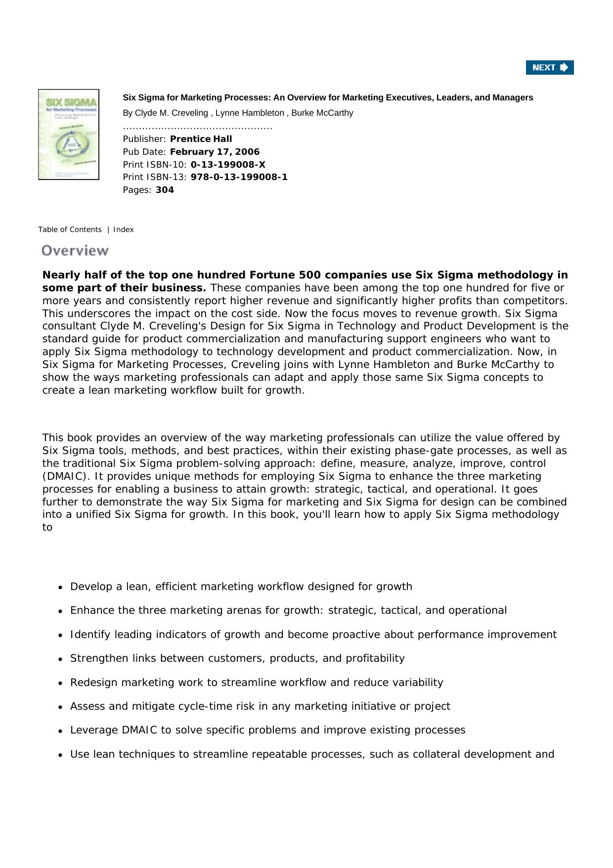 Six Sigma For Marketing Processes by Clyde M. Creveling Lynne Hambleton Burke McCarthy