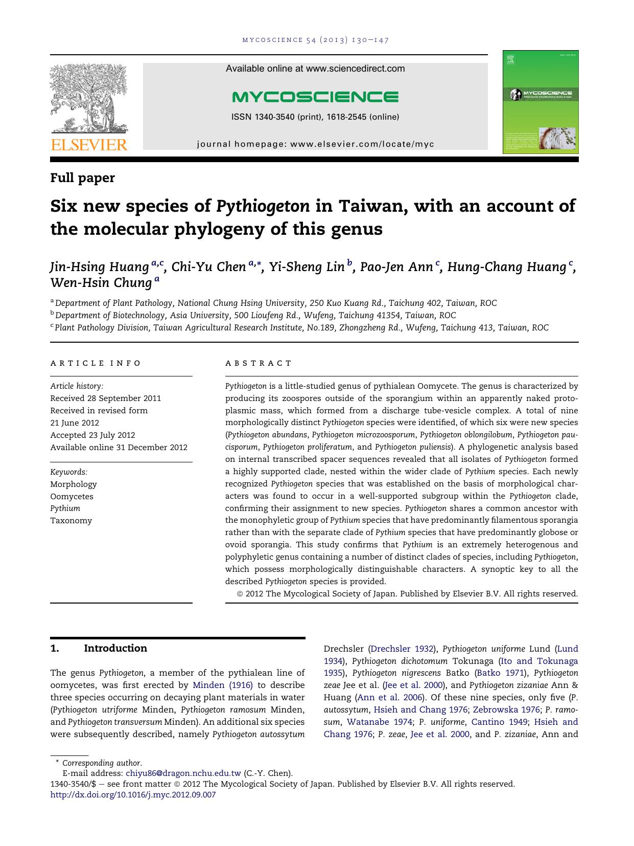 Six new species of Pythiogeton in Taiwan, with an account of the molecular phylogeny of this genus by Jin-Hsing Huang & Chi-Yu Chen & Yi-Sheng Lin & Pao-Jen Ann & Hung-Chang Huang & Wen-Hsin Chung