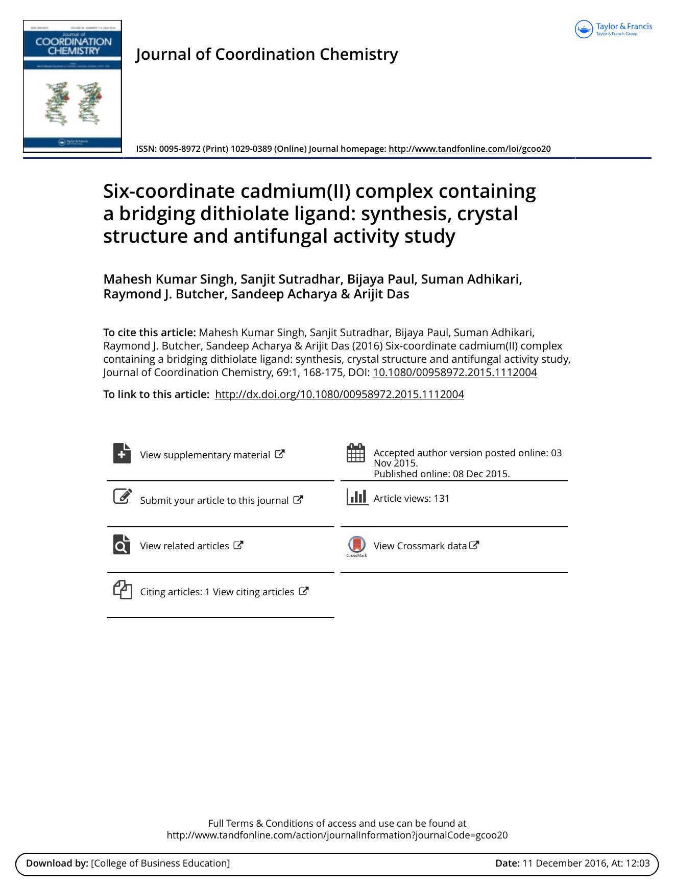 Six-coordinate cadmium(II) complex containing a bridging dithiolate ligand: synthesis, crystal structure and antifungal activity study by unknow