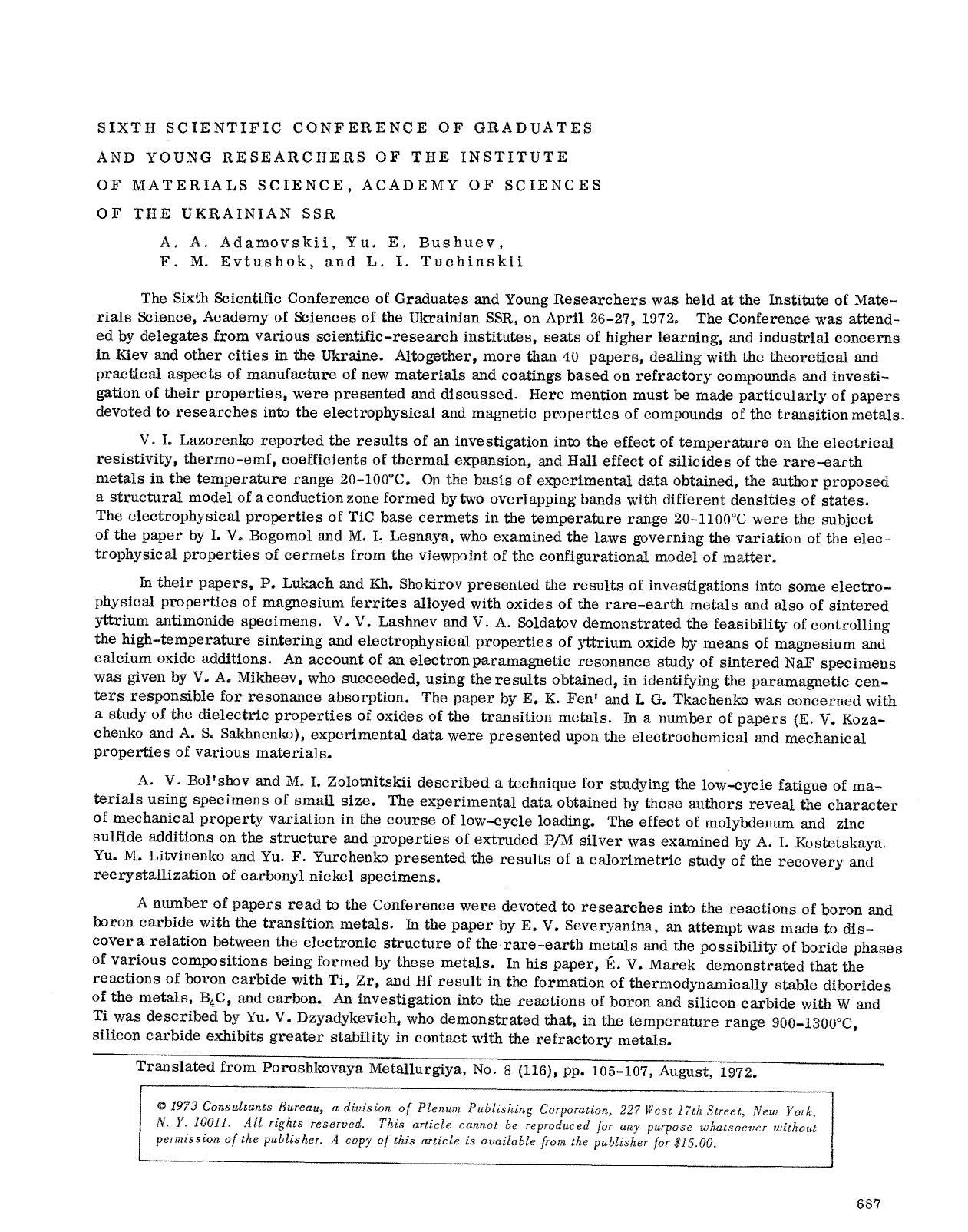 Sixth Scientific Conference of Graduates and Young Researchers of the Institute of Materials Science, Academy of Sciences of the Ukrainian SSR by Unknown