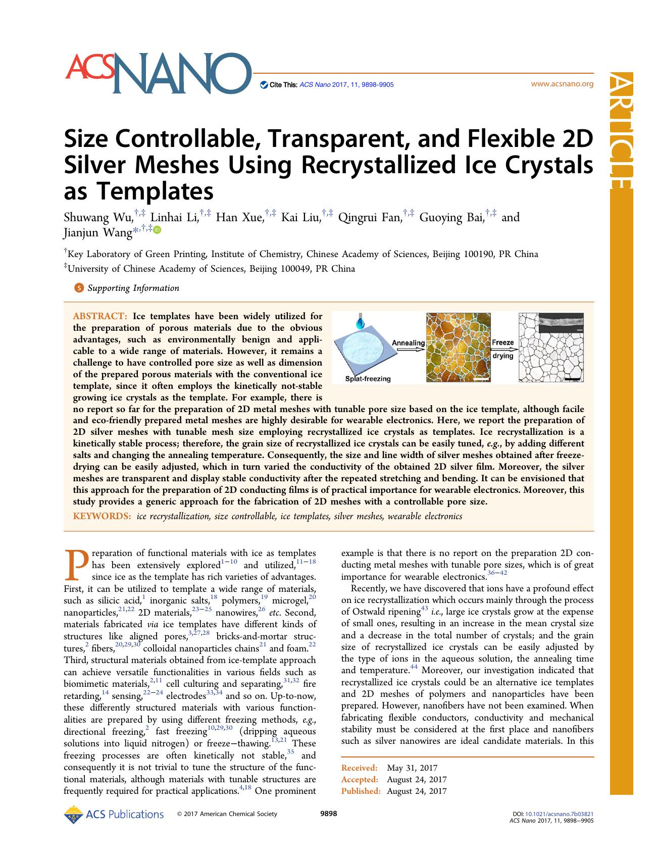Size Controllable, Transparent, and Flexible 2D Silver Meshes Using Recrystallized Ice Crystals as Templates by Shuwang Wu Linhai Li Han Xue Kai Liu Qingrui Fan Guoying Bai and Jianjun Wang