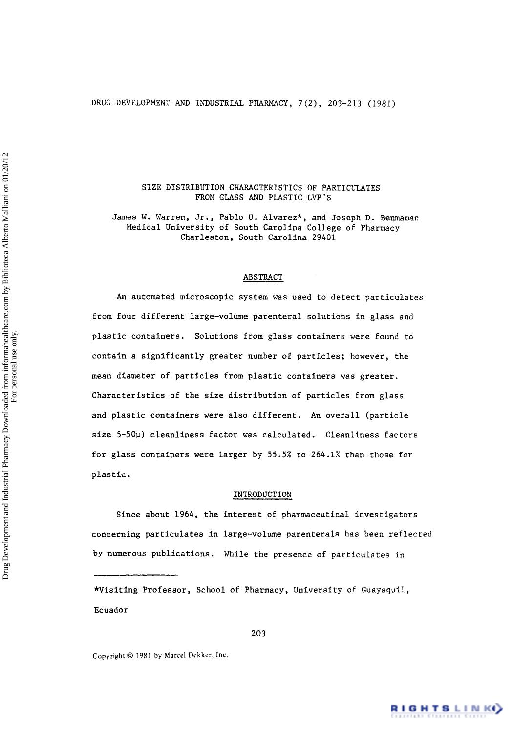 Size Distribution Characteristics of Particulates from Glass and Plastic Lvp's by James W. Warren Pablo U. Alvarez & Joseph D. Benmaroan