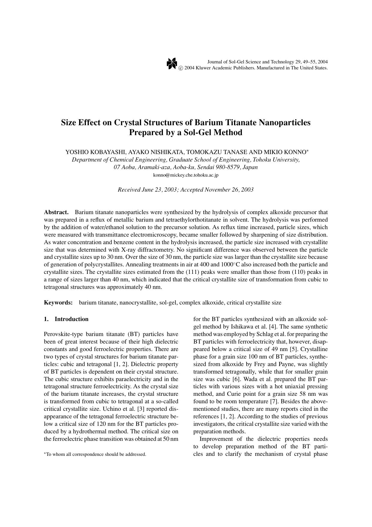 Size Effect on Crystal Structures of Barium Titanate Nanoparticles Prepared by a Sol-Gel Method by Unknown