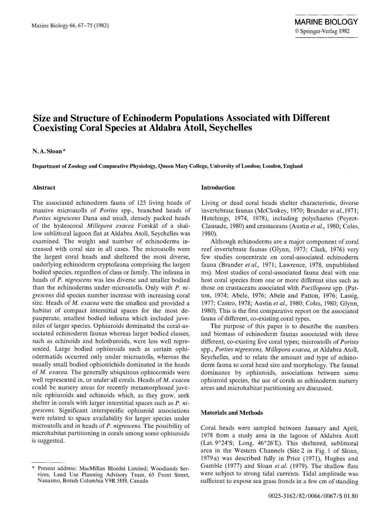 Size and structure of echinoderm populations associated with different coexisting coral species at Aldabra Atoll, Seychelles by Unknown