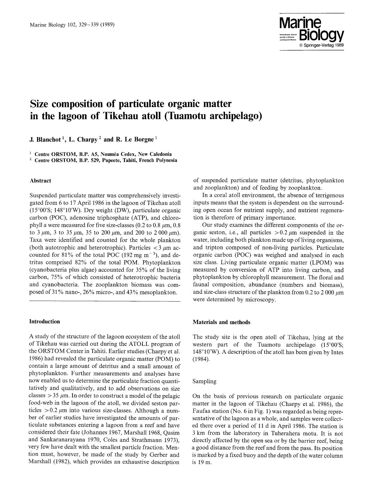 Size composition of particulate organic matter in the lagoon of Tikehau atoll (Tuamotu archipelago) by Unknown