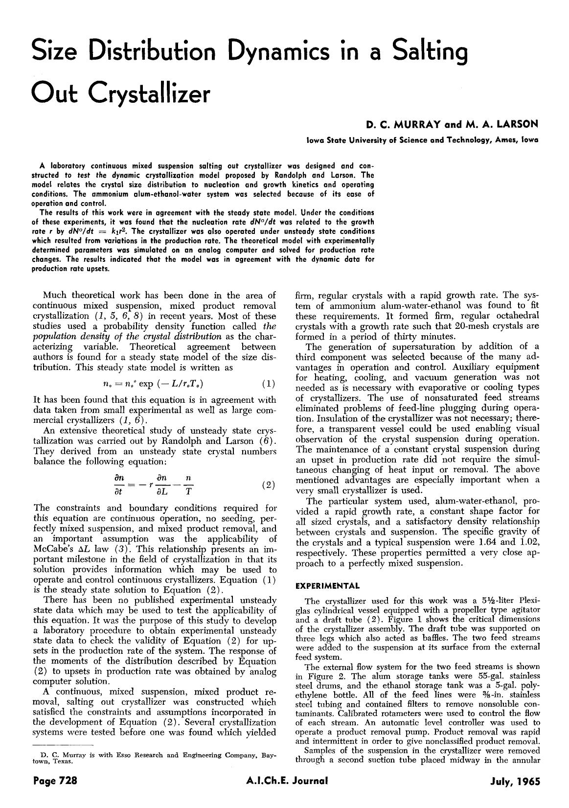 Size distribution dynamics in a salting out crystallizer by Unknown