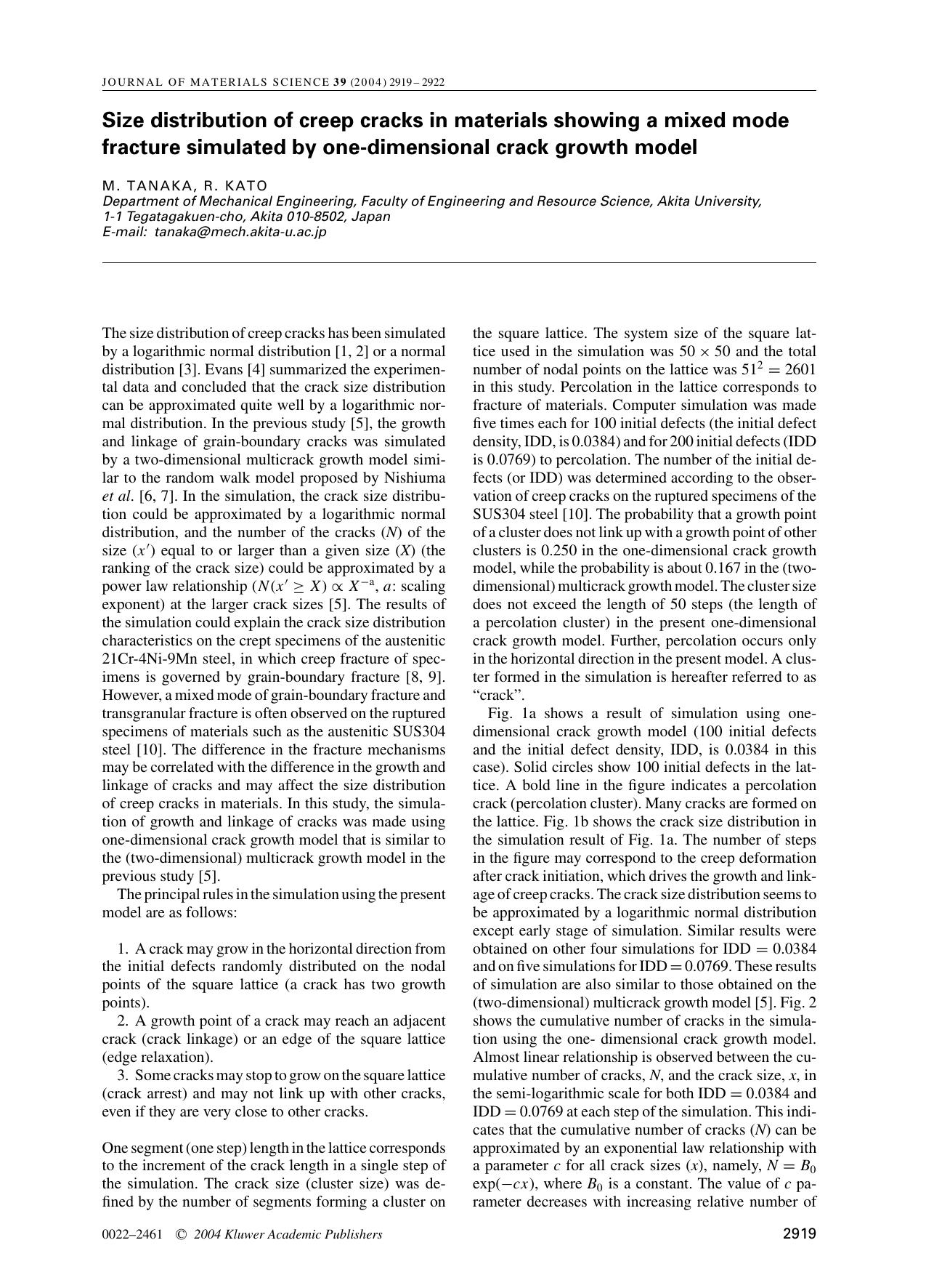 Size distribution of creep cracks in materials showing a mixed mode fracture simulated by one-dimensional crack growth model by Unknown