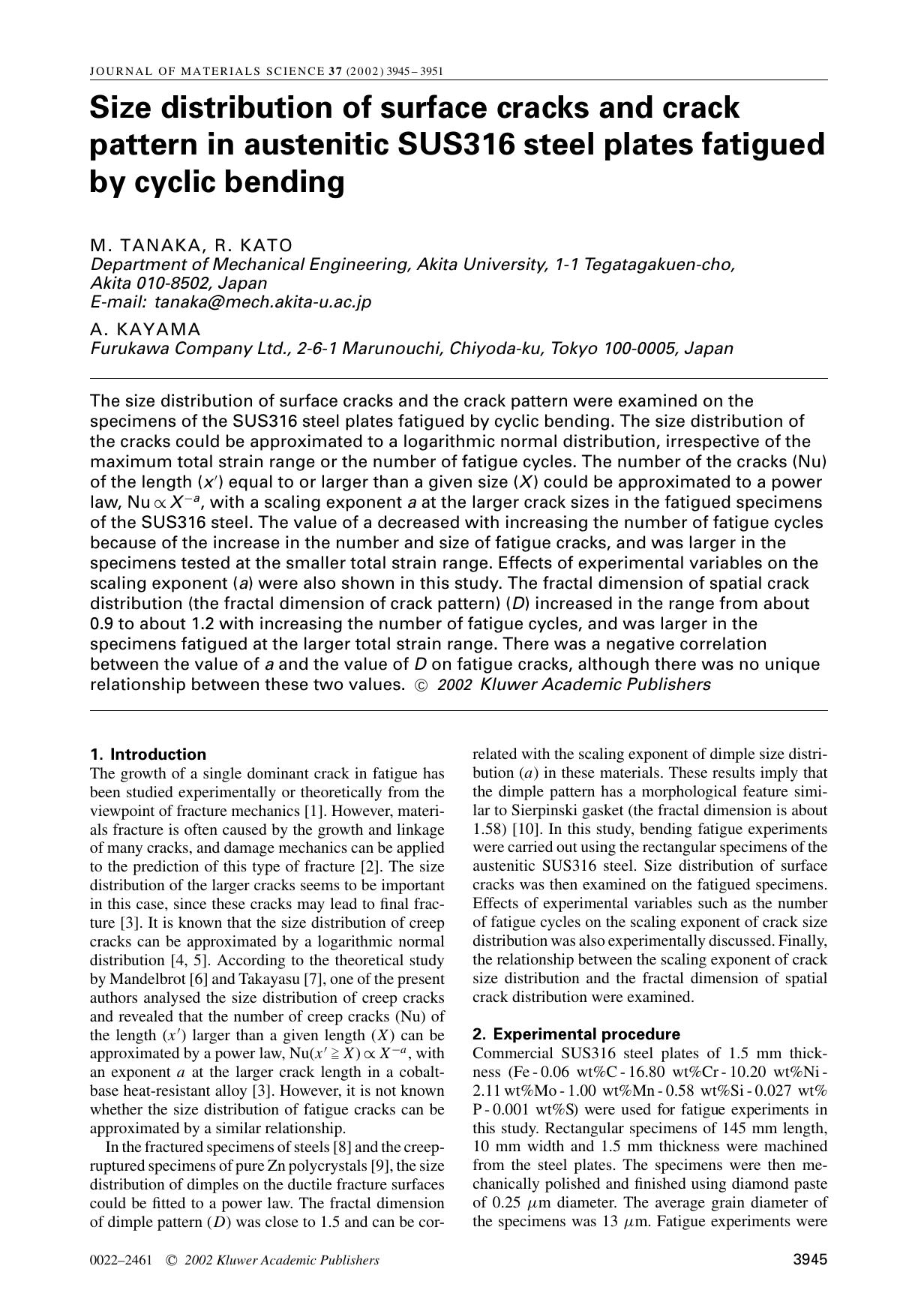 Size distribution of surface cracks and crack pattern in austenitic SUS316 steel plates fatigued by cyclic bending by Unknown