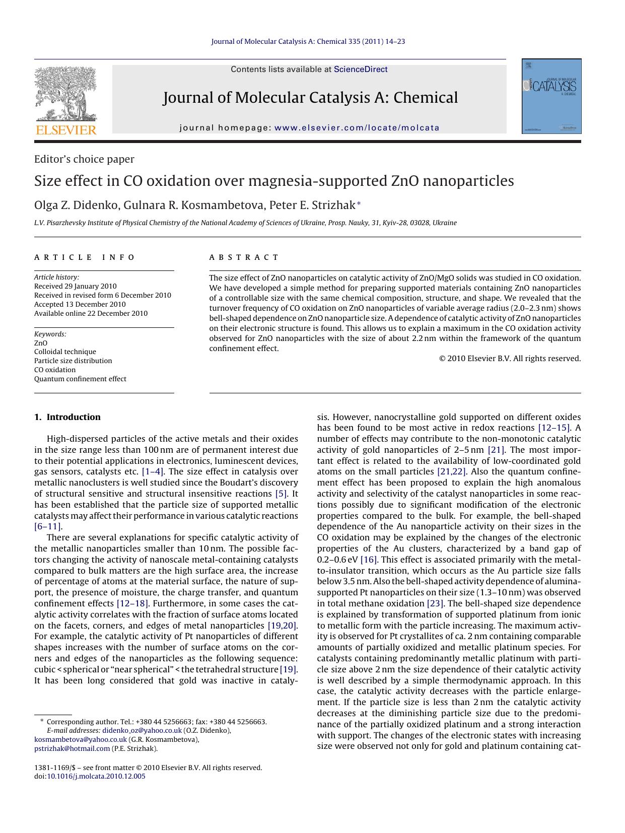 Size effect in CO oxidation over magnesia-supported ZnO nanoparticles by Olga Z. Didenko