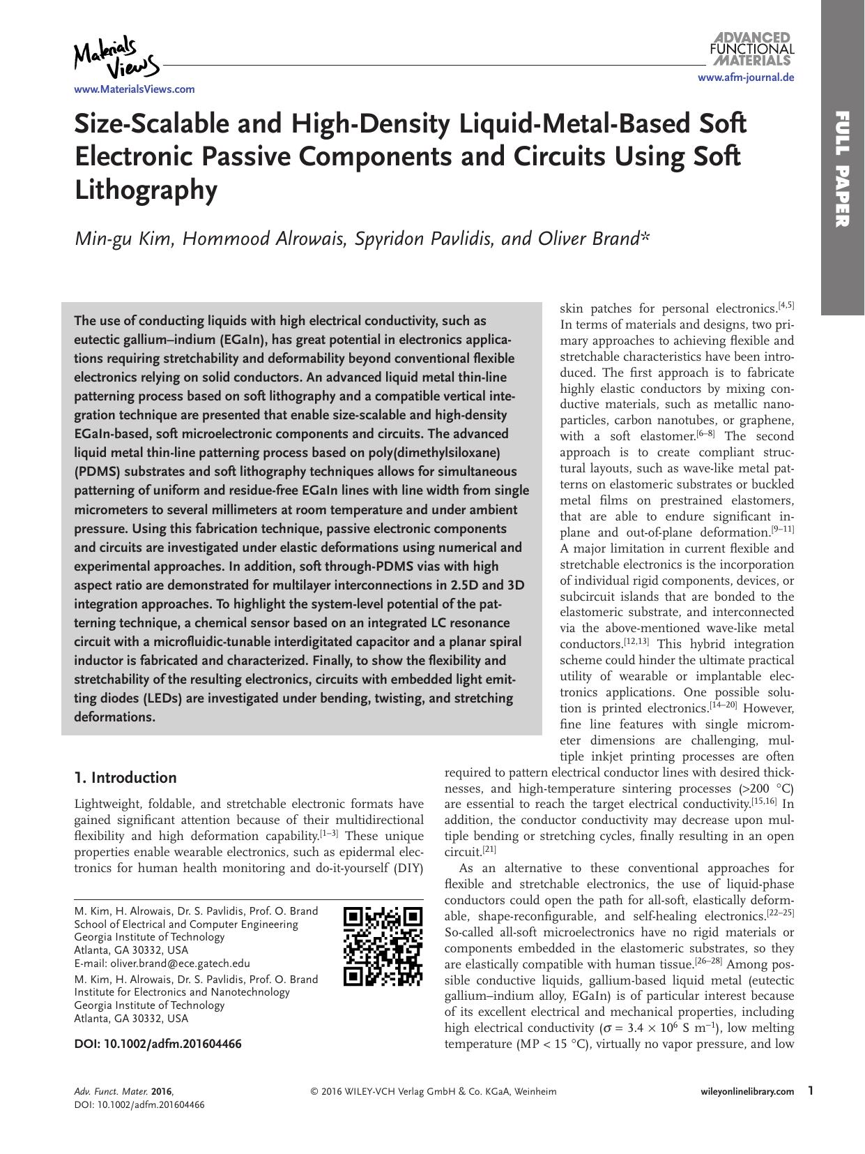 Size‐Scalable and High‐Density Liquid‐Metal‐Based Soft Electronic Passive Components and Circuits Using Soft Lithography by Unknown