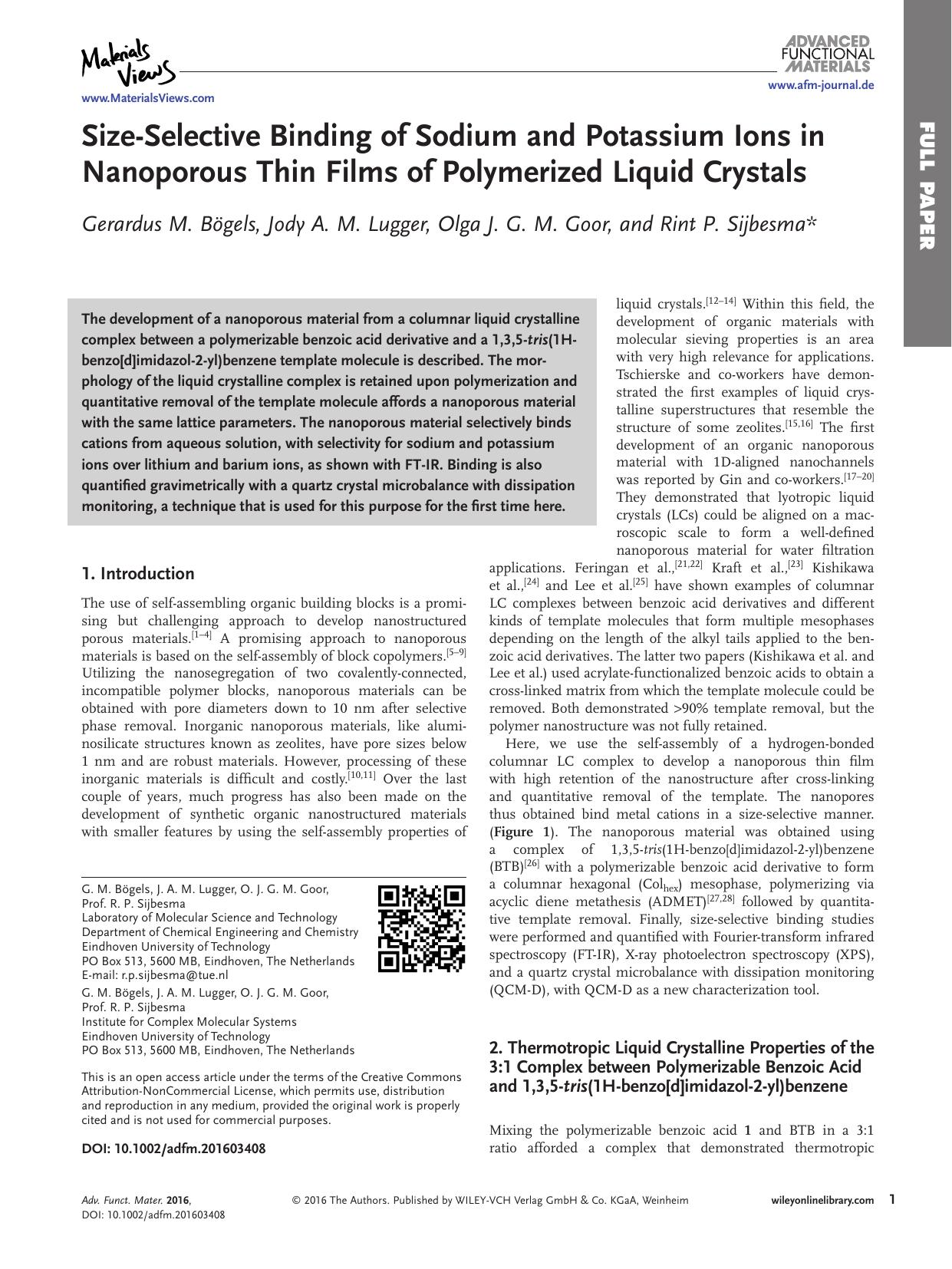 Size‐Selective Binding of Sodium and Potassium Ions in Nanoporous Thin Films of Polymerized Liquid Crystals by Unknown