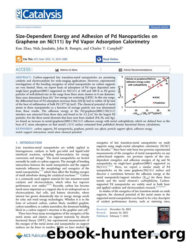 Size-Dependent Energy and Adhesion of Pd Nanoparticles on Graphene on Ni(111) by Pd Vapor Adsorption Calorimetry by Kun Zhao Nida Janulaitis John R. Rumptz and Charles T. Campbell