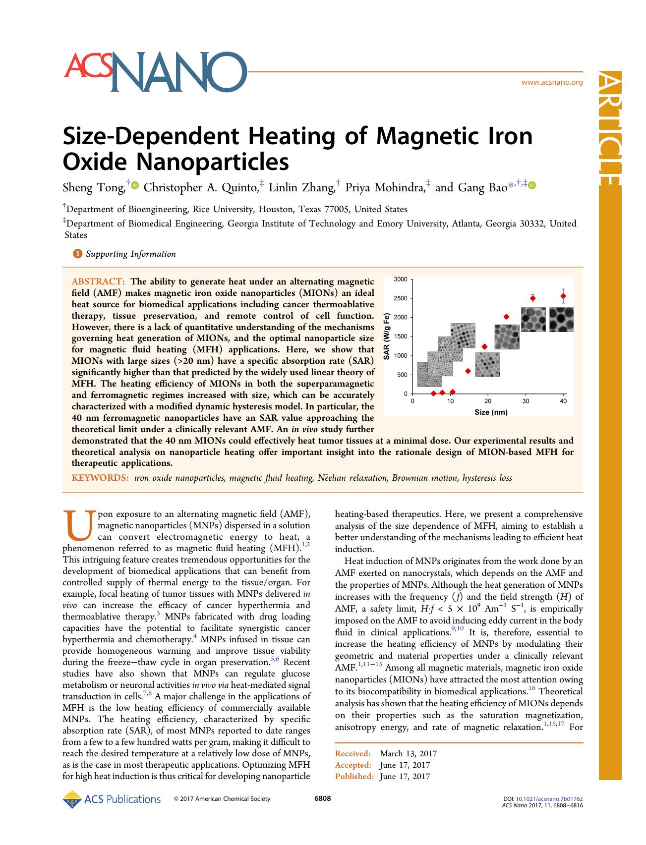 Size-Dependent Heating of Magnetic Iron Oxide Nanoparticles by Sheng Tong Christopher A. Quinto Linlin Zhang Priya Mohindra & Gang Bao