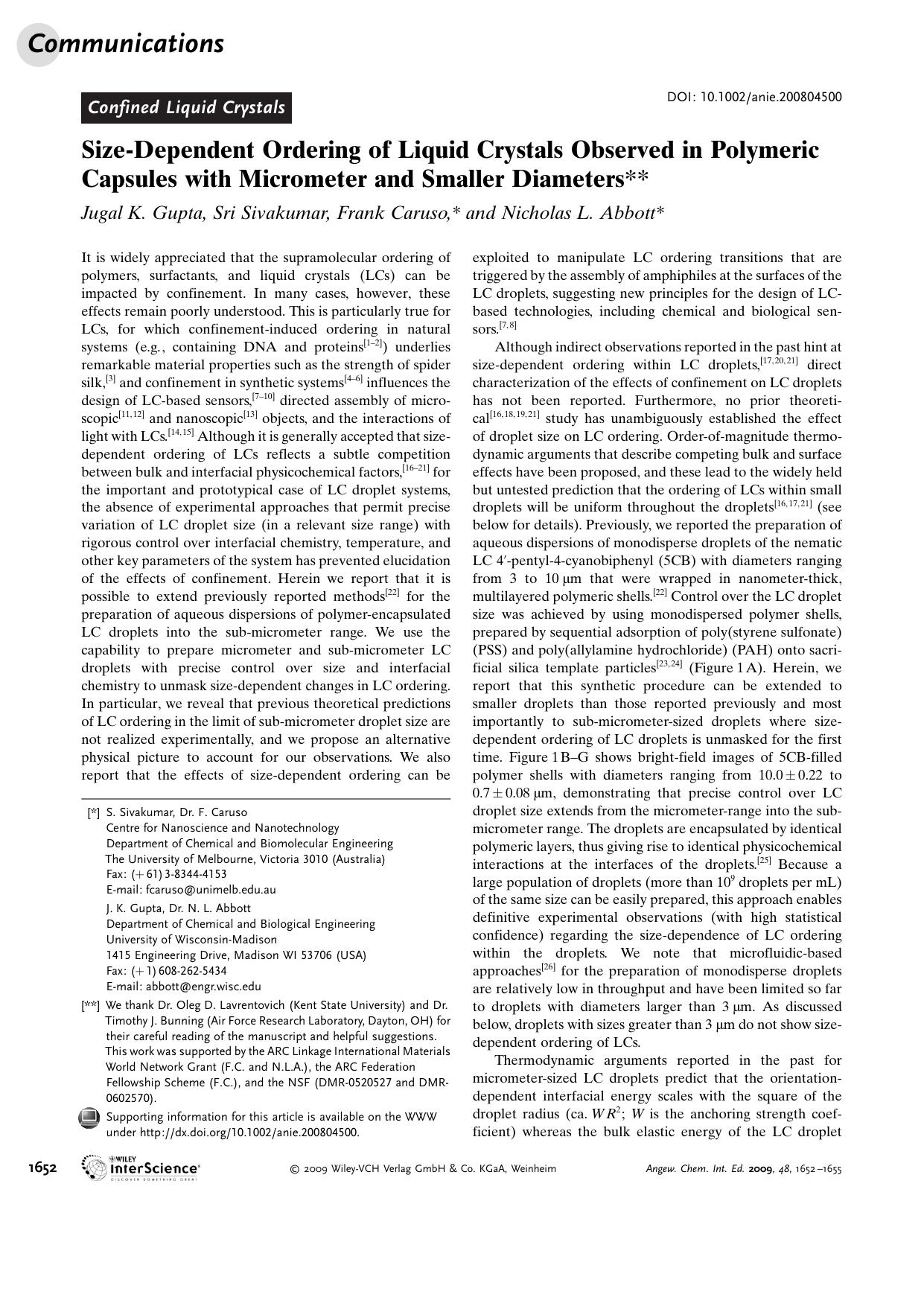 Size-Dependent Ordering of Liquid Crystals Observed in Polymeric Capsules with Micrometer and Smaller Diameters by Unknown