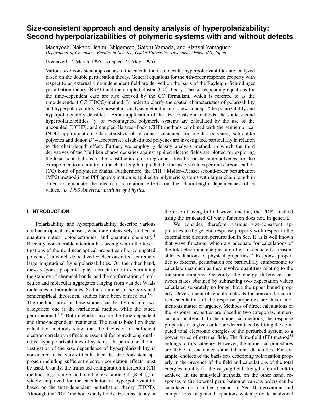 Size-consistent approach and density analysis of hyperpolarizability: Second hyperpolarizabilities of polymeric systems with and without defects by Masayoshi Nakano & Isamu Shigemoto & Satoru Yamada & and Kizashi Yamaguchi