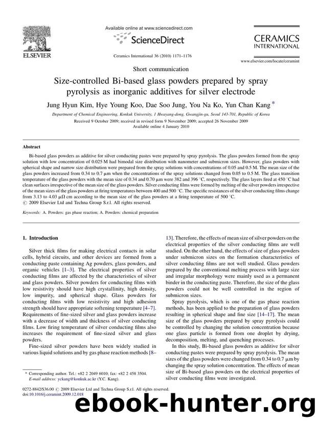 Size-controlled Bi-based glass powders prepared by spray pyrolysis as inorganic additives for silver electrode by Jung Hyun Kim; Hye Young Koo; Dae Soo Jung; You Na Ko; Yun Chan Kang