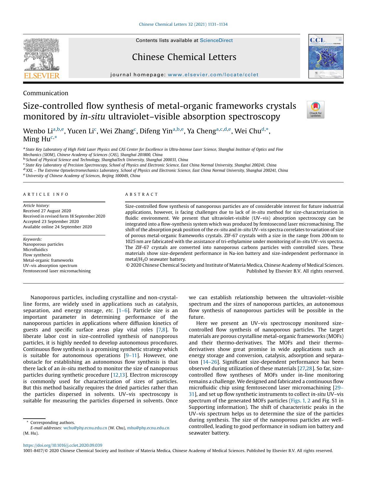 Size-controlled flow synthesis of metal-organic frameworks crystals monitored by in-situ ultravioletvisible absorption spectroscopy by Wenbo Li & Yucen Li & Wei Zhang & Difeng Yin & Ya Cheng & Wei Chu & Ming Hu