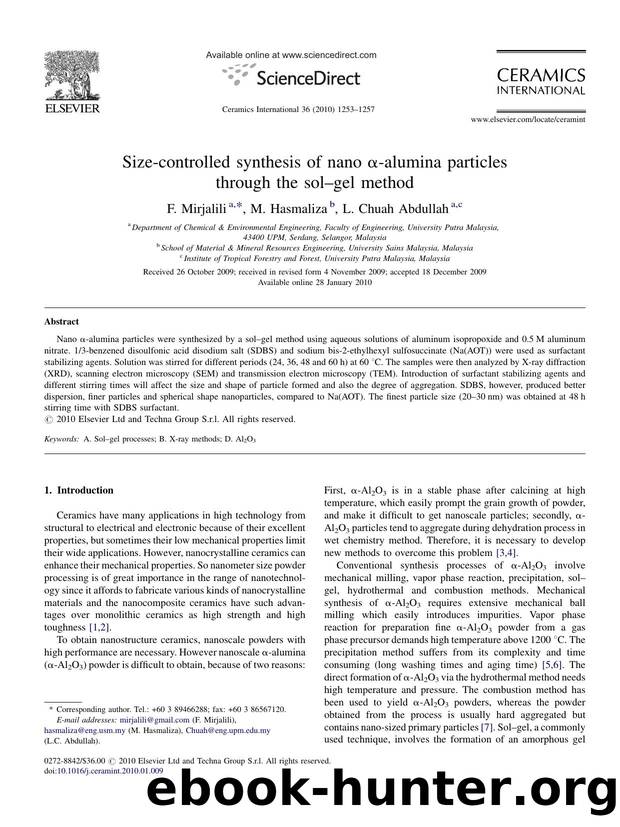 Size-controlled synthesis of nano ÃÂ±-alumina particles through the solÃ¢â¬âgel method by F. Mirjalili; M. Hasmaliza; L. Chuah Abdullah