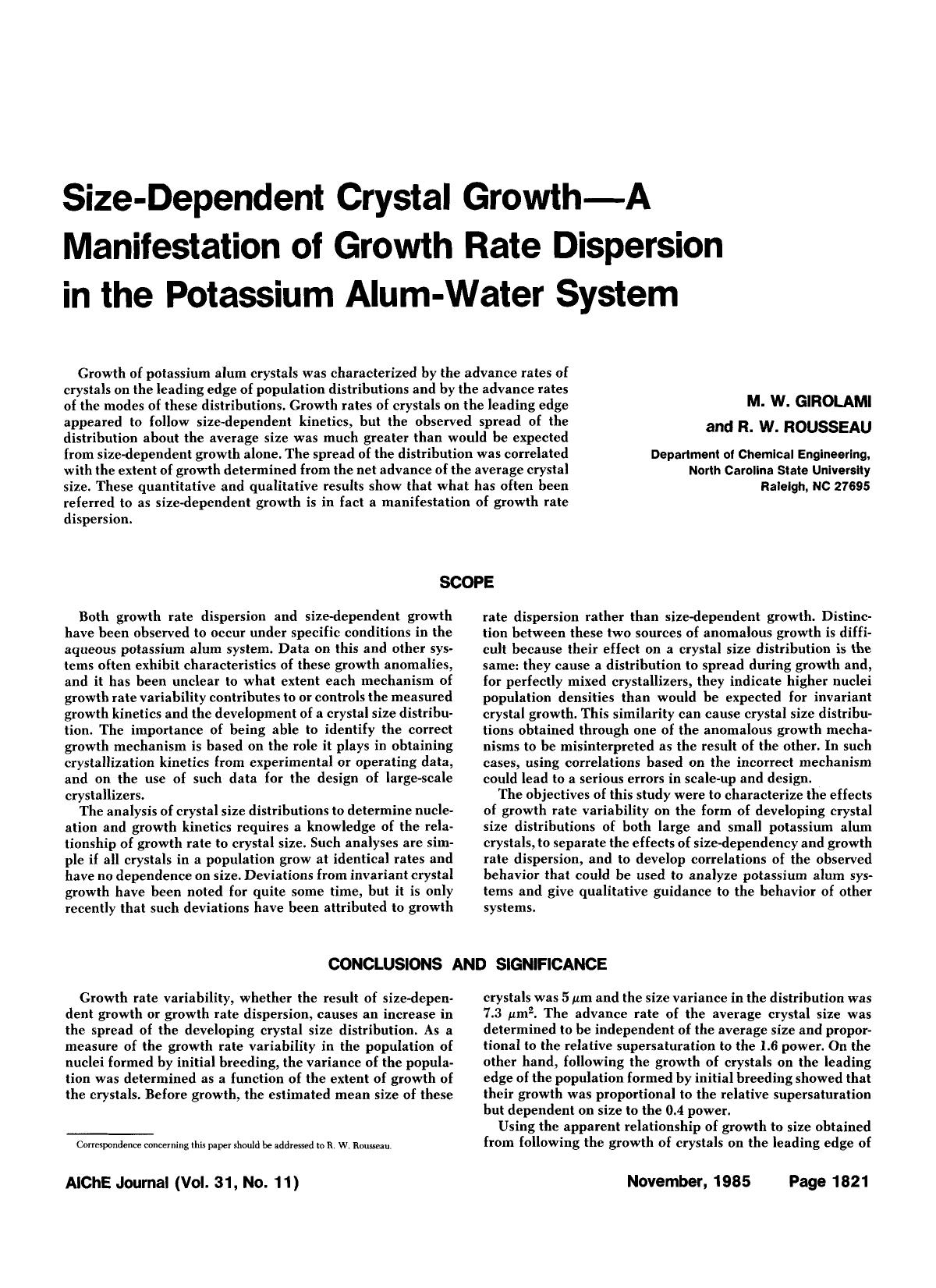 Size-dependent crystal growth-A manifestation of growth rate dispersion in the potassium alum-water system by Unknown