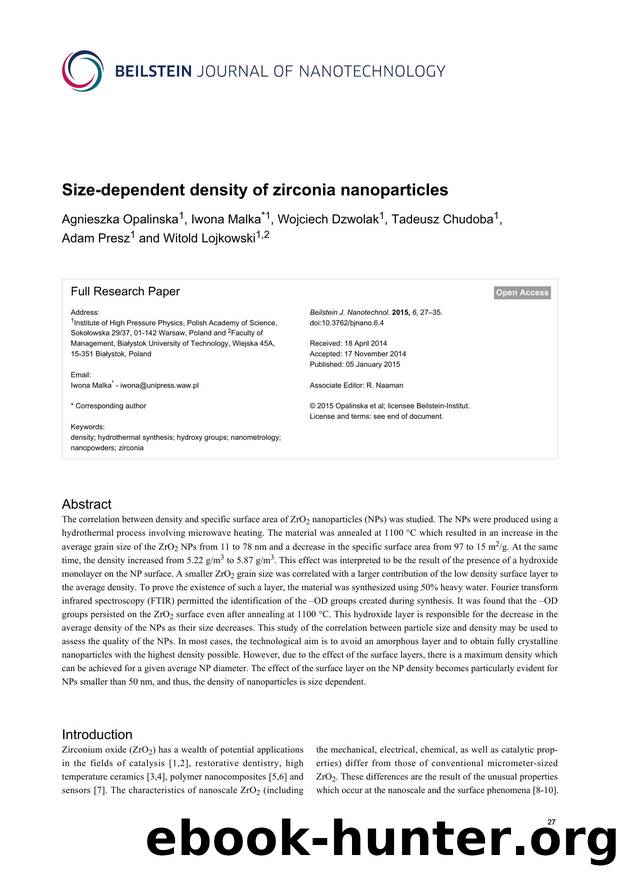 Size-dependent density of zirconia nanoparticles by Agnieszka Opalinska Iwona Malka Wojciech Dzwolak Tadeusz Chudoba Adam Presz Witold Lojkowski
