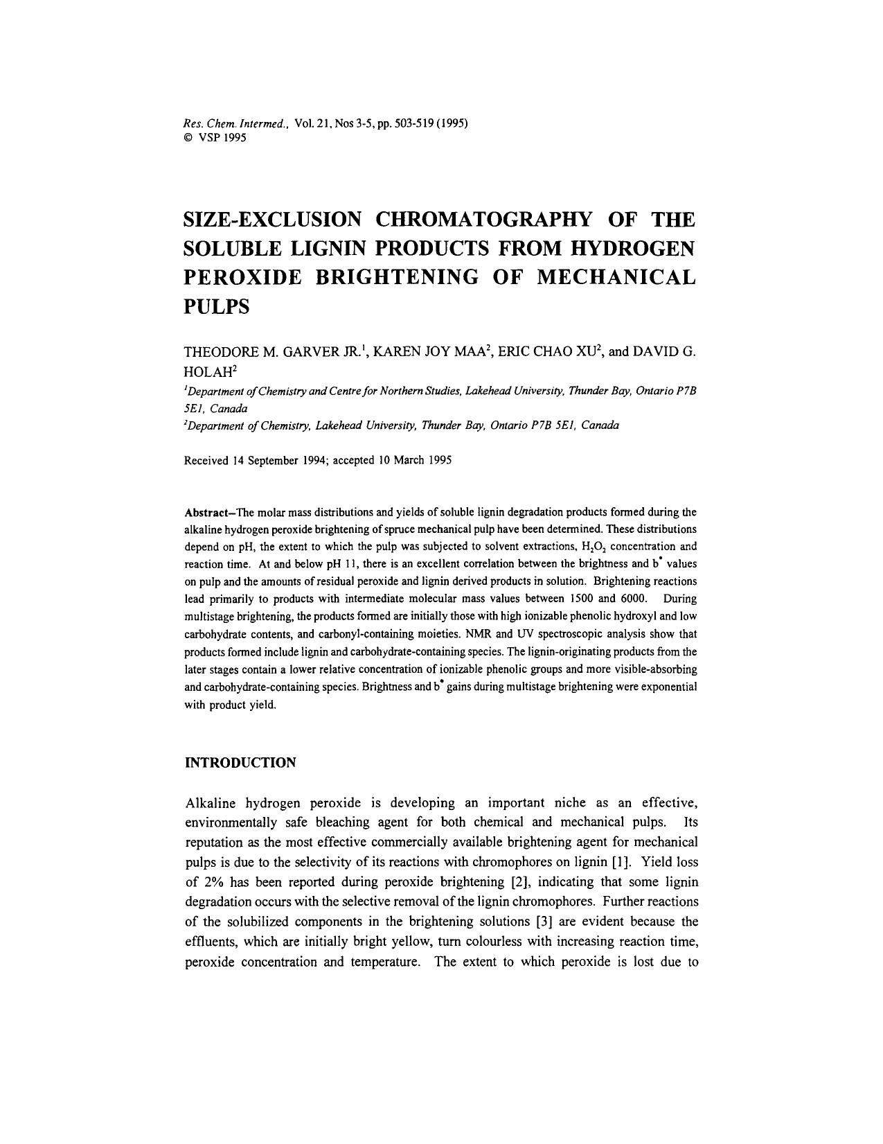 Size-exclusion chromatography of the soluble lignin products from hydrogen peroxide brightening of mechanical pulps by Unknown