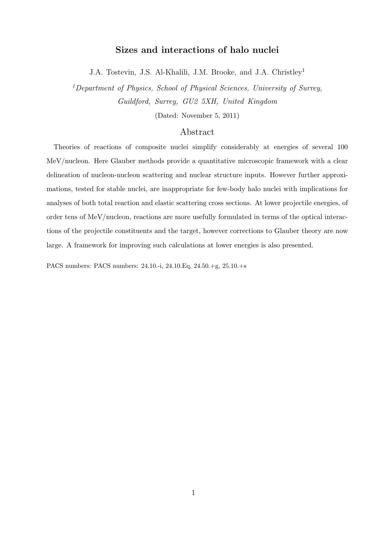 Sizes and Interactions of Halo Nuclei (2011) by Unknown
