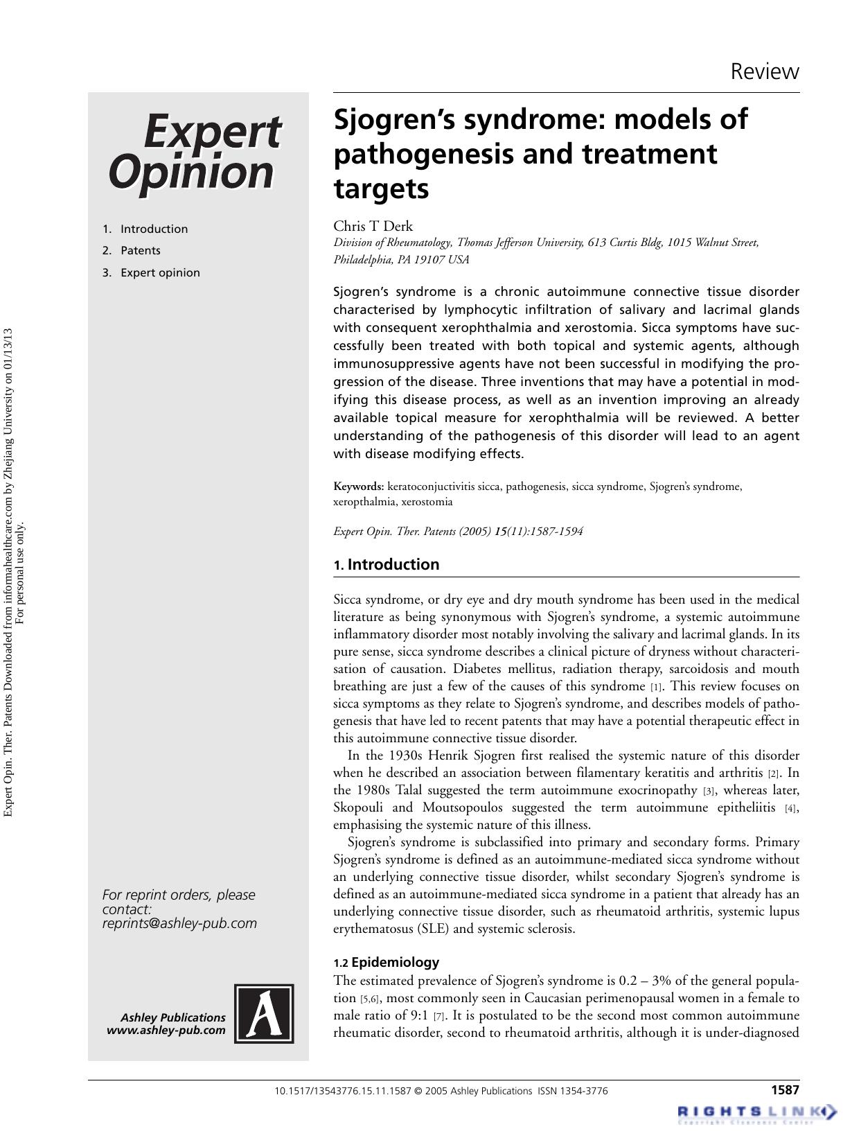 Sjogren’s syndrome: models of pathogenesis and treatment targets by Chris T Derk