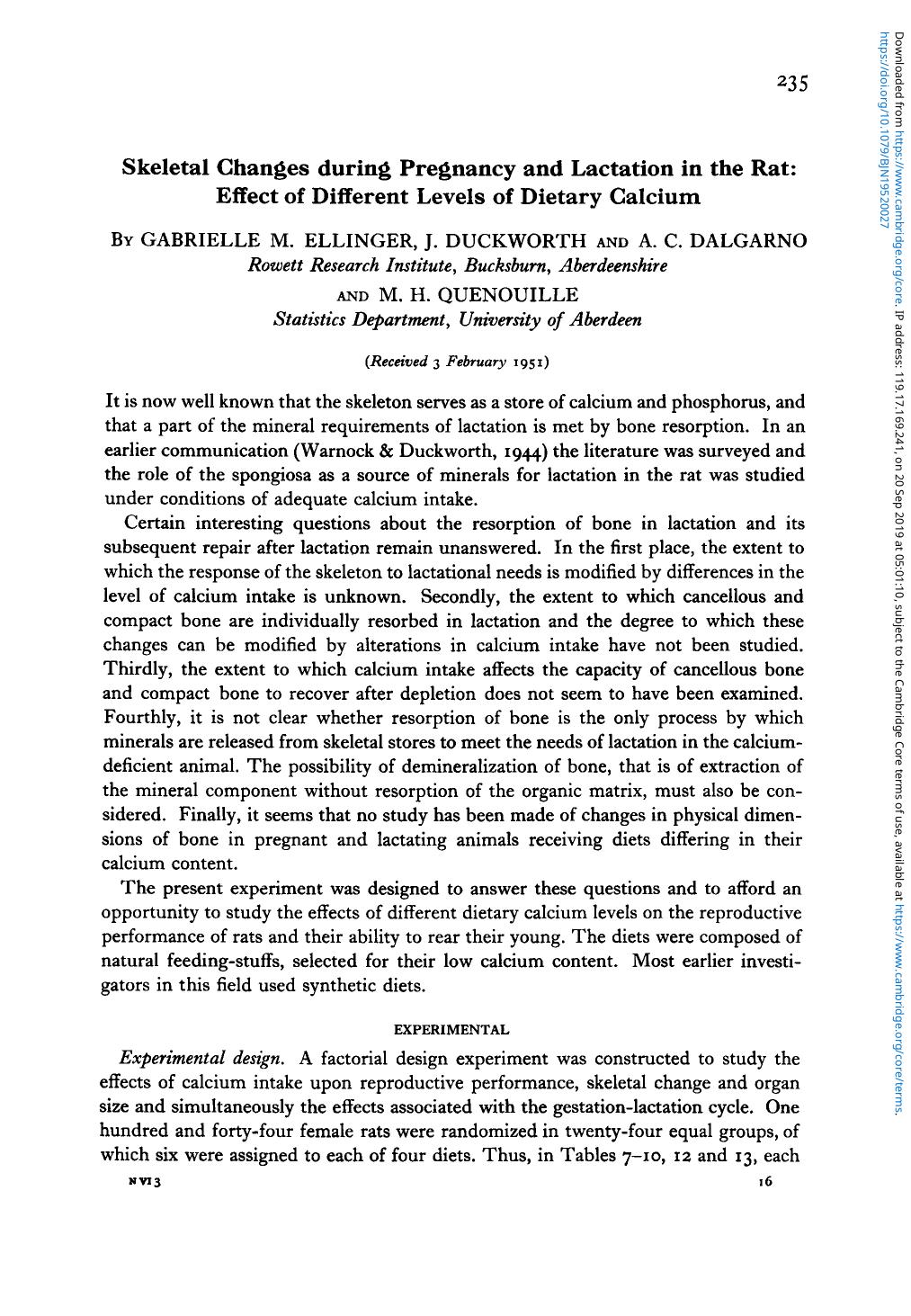 Skeletal Changes during Pregnancy and Lactation in the Rat: Effect of Different Levels of Dietary Calcium by Gabrielle M. Ellinger J. Duckworth A. C. Dalgarno M. H. Quenouille