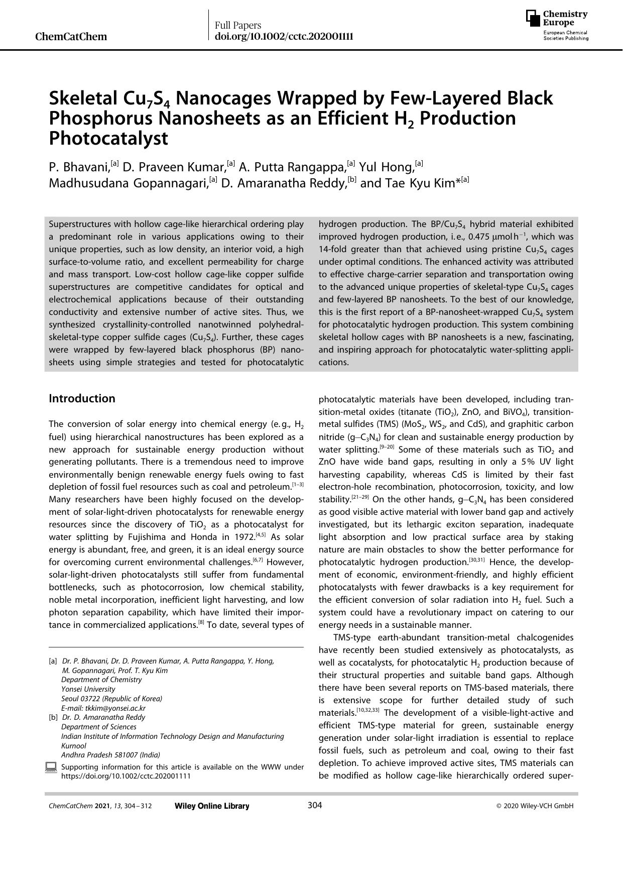 Skeletal Cu7S4 Nanocages Wrapped by FewâLayered Black Phosphorus Nanosheets as an Efficient H2 Production Photocatalyst by Unknown