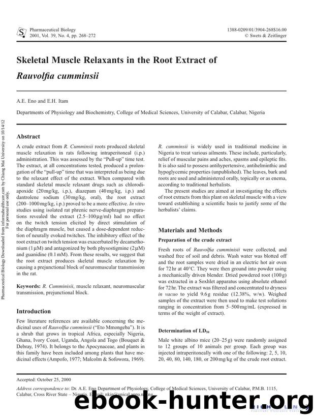 Skeletal Muscle Relaxants in the Root Extract of Rauvolfia cumminsii by A.E. Eno & E.H. Itam