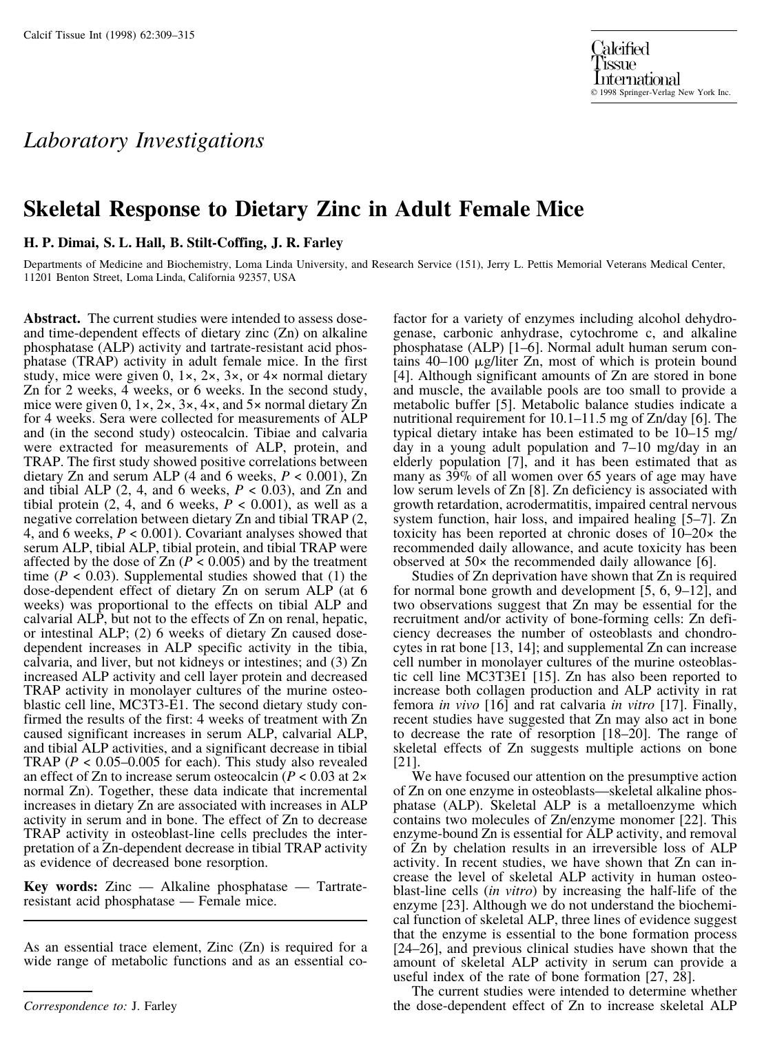 Skeletal Response to Dietary Zinc in Adult Female Mice by Dimai H. et al