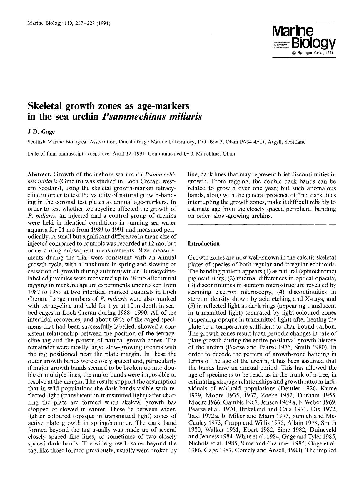 Skeletal growth zones as age-markers in the sea urchin <Emphasis Type="Italic">Psammechinus miliaris <Emphasis> by Unknown