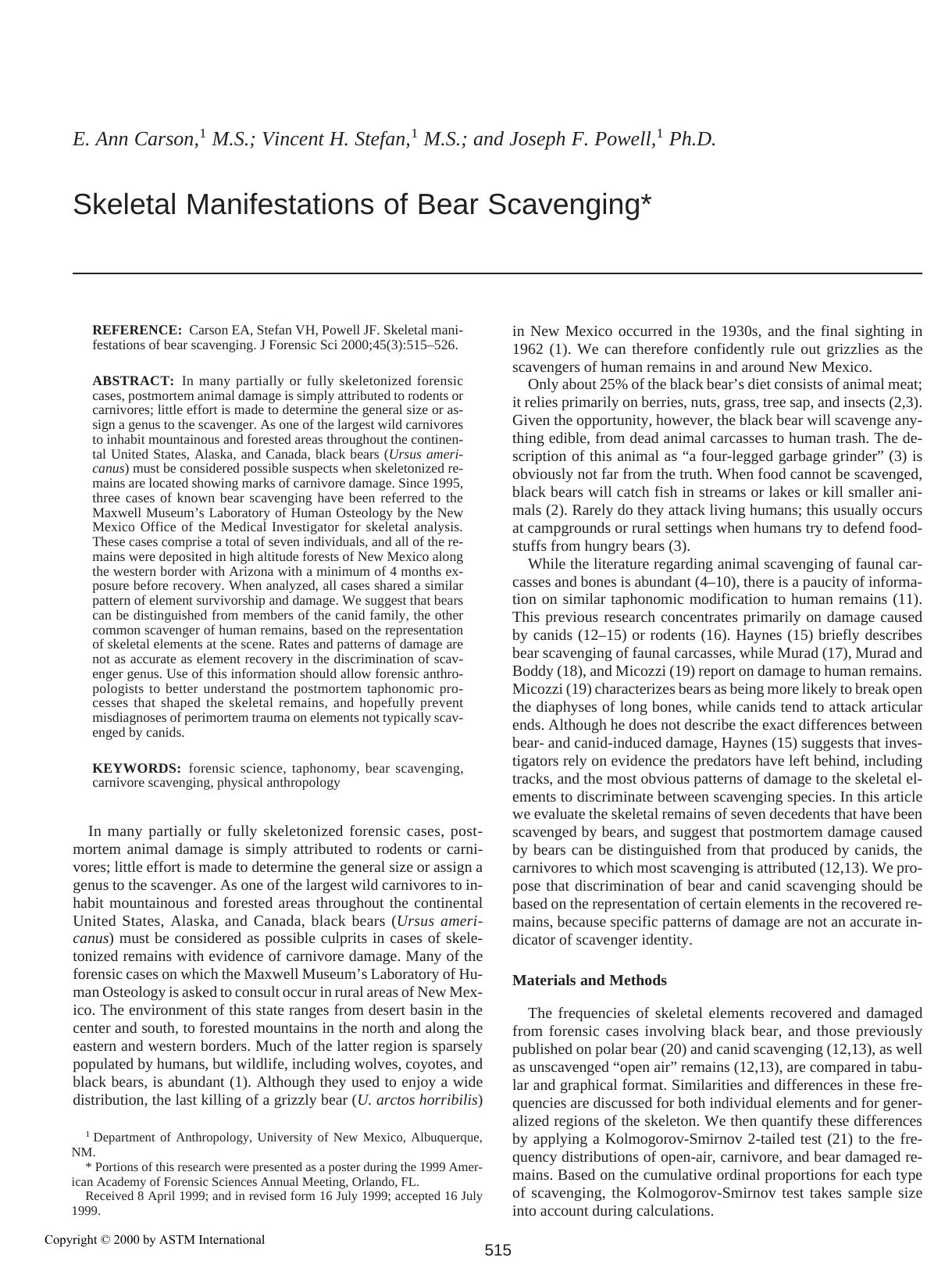 Skeletal manifestations of bear scavenging by Carson EA Stefan VH Powell JF