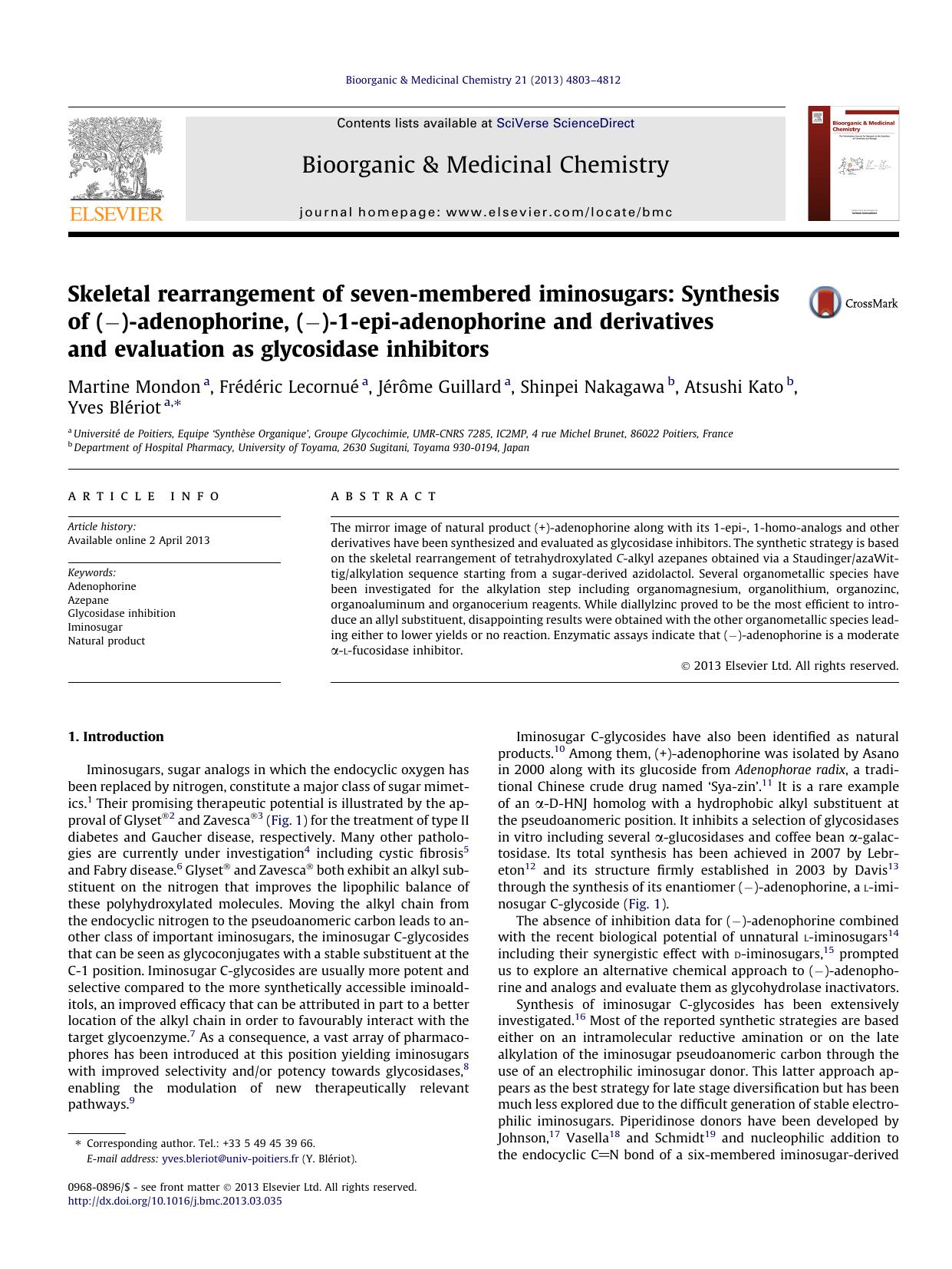 Skeletal rearrangement of seven-membered iminosugars: Synthesis of (â)-adenophorine, (â)-1-epi-adenophorine and derivatives and evaluation as glycosidase inhibitors by unknow