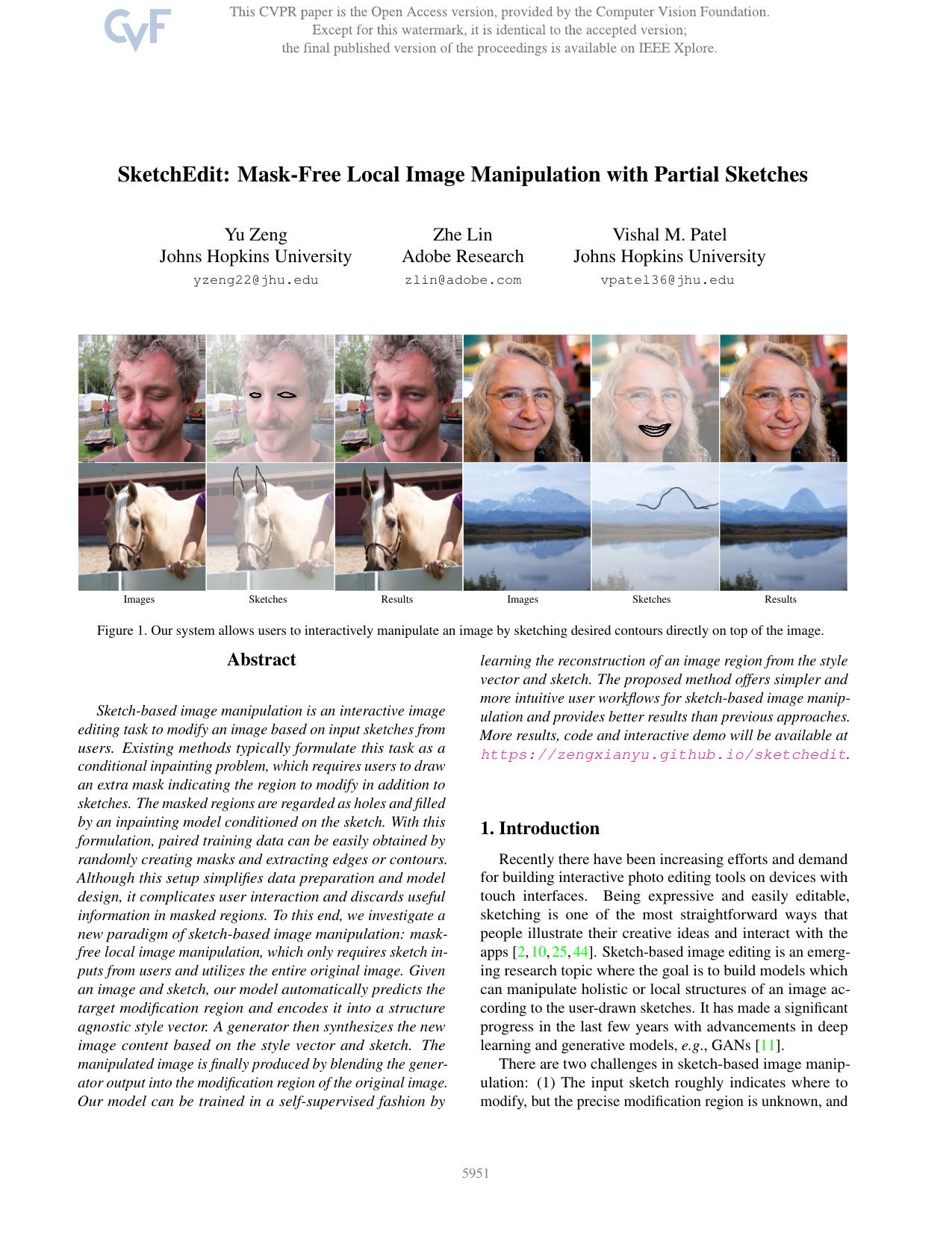 SketchEdit: Mask-Free Local Image Manipulation With Partial Sketches by Yu Zeng & Zhe Lin & Vishal M. Patel