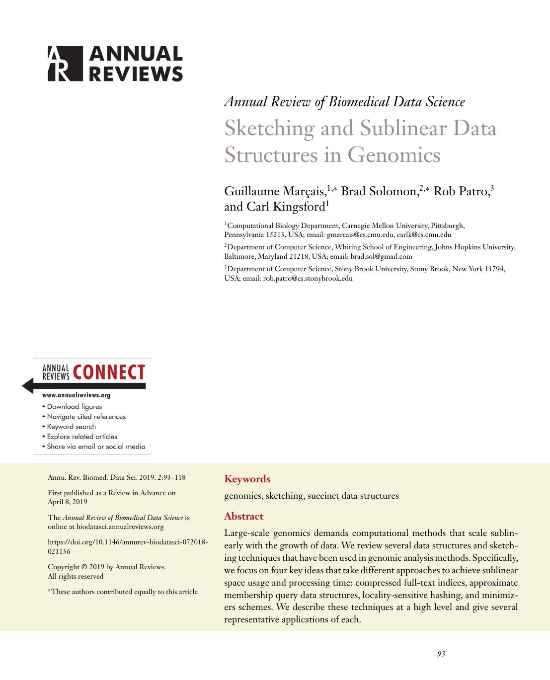 Sketching and Sublinear Data Structures in Genomics by Guillaume Marçais Brad Solomon Rob Patro Carl Kingsford